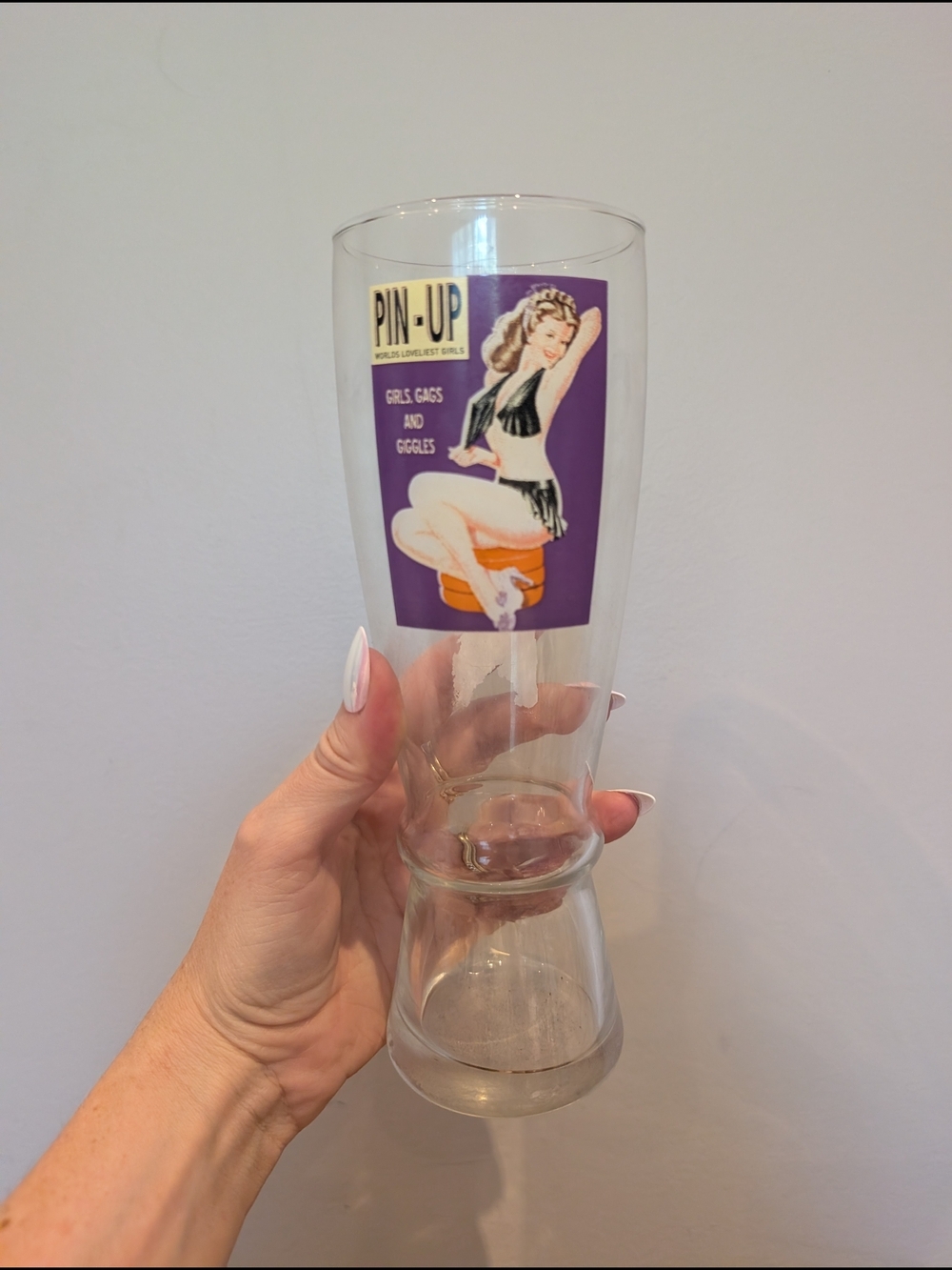 Pin-Up Girl Vintage Style Pilsner Glass - Clear with Purple Decal